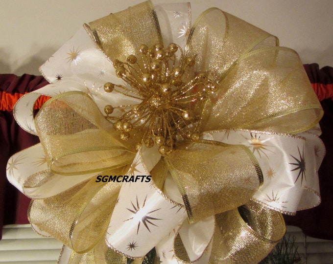 Gold and White Wired Ribbon Tree Topper Bow Star of Bethlehem Wired Ribbon Christmas Tree Topper