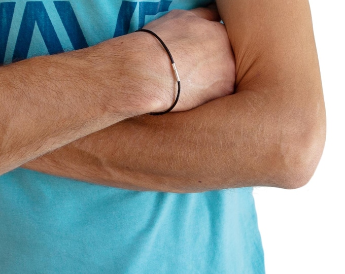 Featured listing image: Mens Leather Bracelet Black. Designer Thin Wrap Bracelet. Adjustable Friendship Bracelet with Clasp for Dad, Family. Unisex