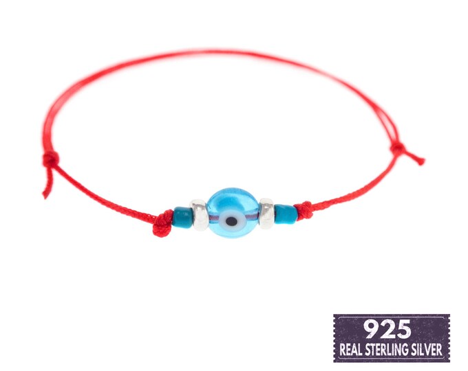 Sterling Silver 925 Evil Eye Bracelet. Sterling Silver Greek Evil Eye Bracelet. Red Wrap Kabbalah String from Greece, for Men or Women 0.8mm