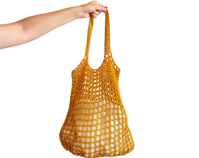 Reusable Net Shopping Bags. Eco Friendly Net Bag. Beach Bag. Yellow Grocery String Tote. Fashion Mesh Net Purse Design with Handles