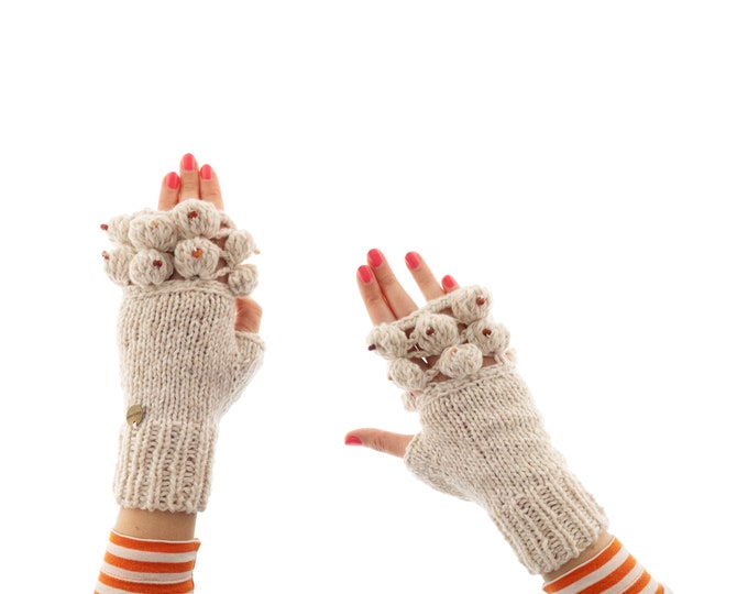 Womens Designer Gloves, Ladies Fingerless White Wool Mittens. Warm Winter Luxury Mitts for Youth too