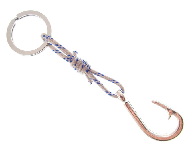 Mens Keychain Fish Hook with String, Wrap Yoga Fisherman Key Chain, Dream Gift Idea for Dad. Christmas Birthday Key Ring