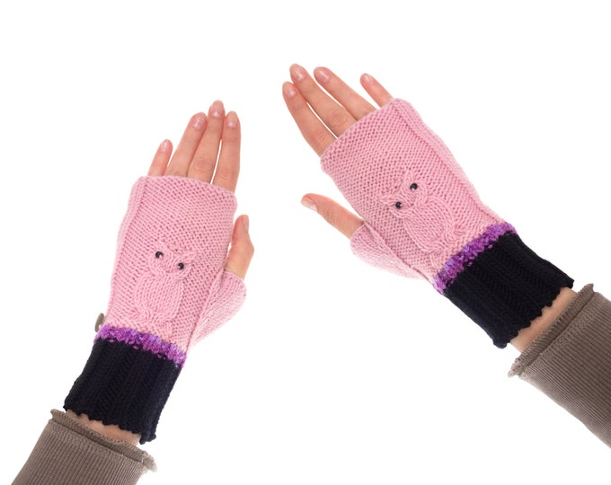Crochet Mittens Fingerless Gloves, Womens Owl Wrist Warmers for Adults of Cashmere Wool, Pink