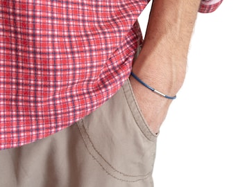 Mens Blue Leather Bracelet, Male Wrap Wrist Cord Cuff, Cool Rope Thin Guys Wristband
