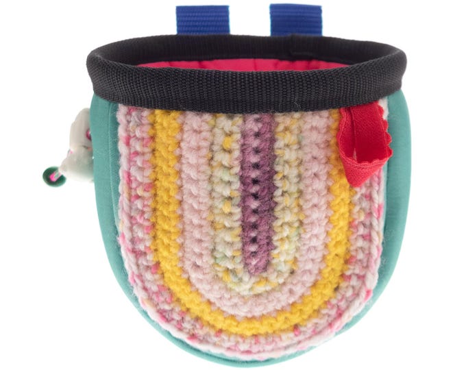 Pink Chalk Bag for Children, Handmade Rock Climbing Cool Bucket Chalk Bag with Belt, Neoprene and Knitted Front. S Size