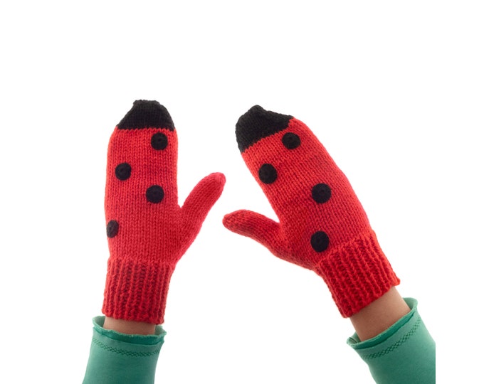 Adults Mittens, Warm Knitted Winter Mitts, Red Novelty Girls Womens Ladies Handmade Gloves