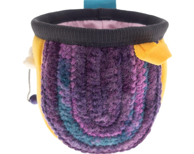Girls Chalk Bag, Small Rock Climbing Wall Chalk Bag for Trad Bouldering, Yellow Neoprene with Purple Knit Front. S Size