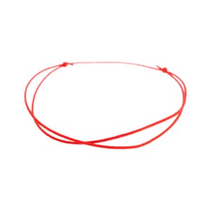 Könnte beinhalten: Ein dünnes, leuchtend rotes Kordelarmband mit einem einfachen kreisförmigen Design. Die Kordel besteht aus einem glatten, flexiblen Material und ist an den Stellen, an denen die Kreisform gebildet wird, mit kleinen Knoten versehen.
