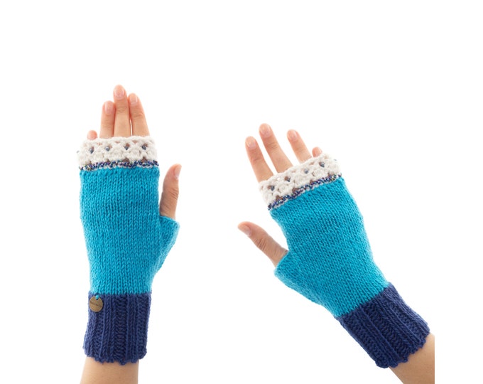 Wooly Mittens, Wool Crochet Fingerless Gloves for Adults, Hand Knit Half Mittens for Ladies, with Woolen Lace and Beads