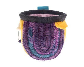 Girls Chalk Bag, Small Rock Climbing Wall Chalk Bag for Trad Bouldering, Yellow Neoprene with Purple Knit Front. S Size