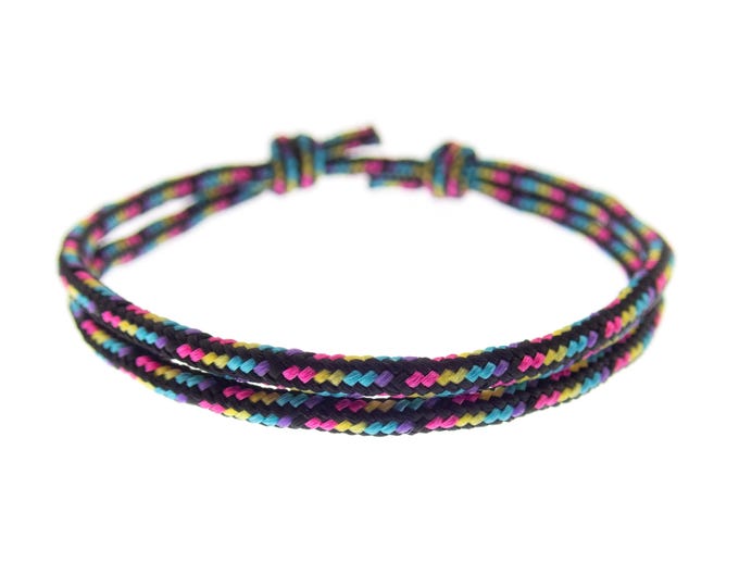 Womens Mens Rainbow Bracelet. Mens Gay Pride Bracelet. Lucky String Bracelet for Good Luck, Women's Men's Rope Adjustable Black Cord. 2 mm