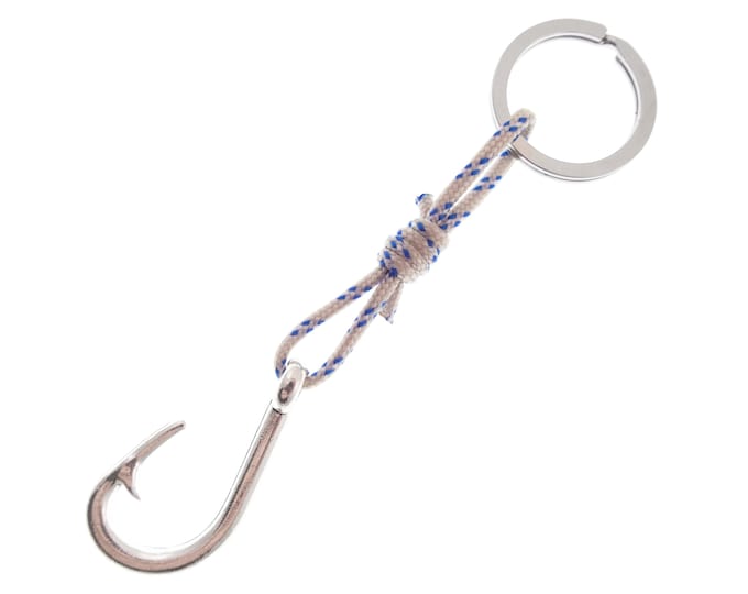 Mens Keychain Fish Hook with String, Wrap Yoga Fisherman Key Chain, Dream Gift Idea for Dad. Christmas Birthday Key Ring