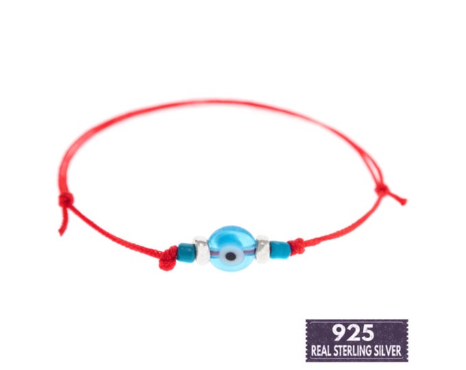 Sterling Silver 925 Evil Eye Bracelet. Sterling Silver Greek Evil Eye Bracelet. Red Wrap Kabbalah String from Greece, for Men or Women