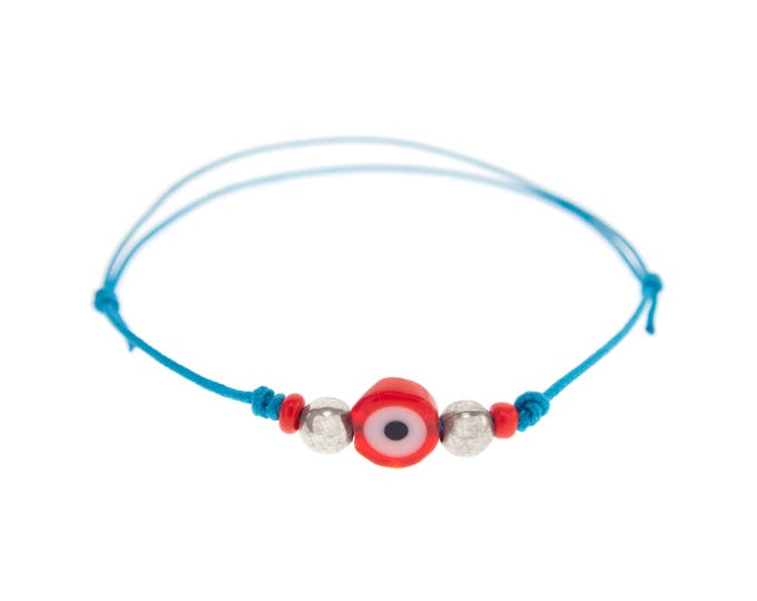 Evil Eye String Bracelet Wrap Around. Evil Eye Wrapper Light Blue Cuff with 925 Sterling Silver or Zinc beads. Amulet for Women, Men. 0.8 mm
