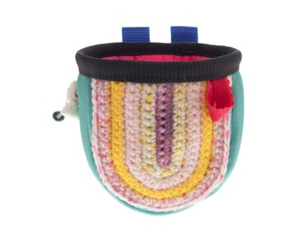 Pink Chalk Bag for Children, Handmade Rock Climbing Cool Bucket Chalk Bag with Belt, Neoprene and Knitted Front. S Size