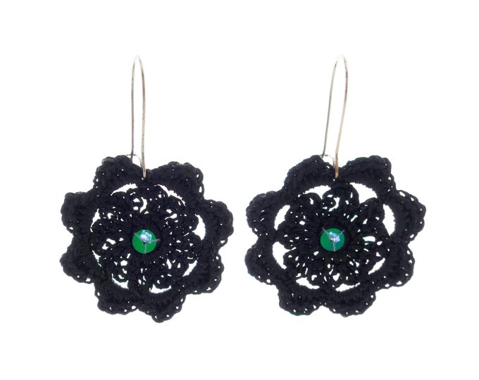 Statement Earrings Glitter Black, Statement Earrings Black, Big Large Black Statement Earrings Womens with Crochet Disc for Black Dress