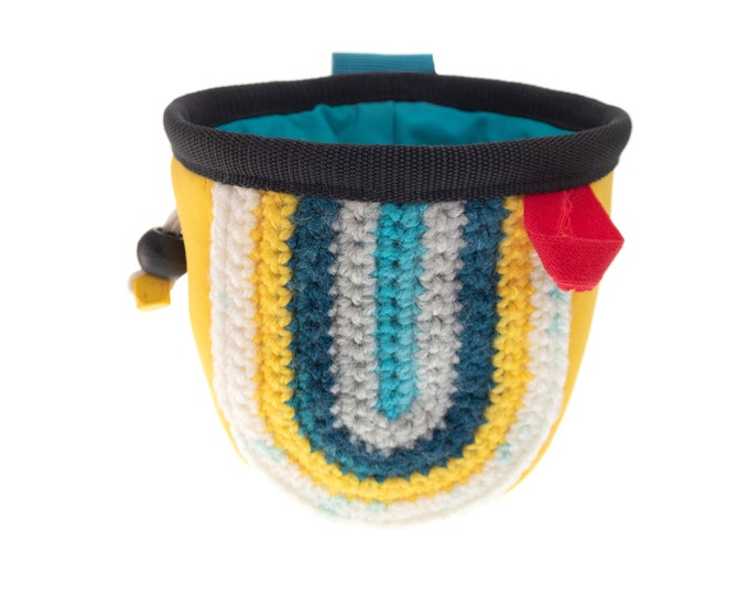 Children's Chalk Bag Climbing, Bouldering Bucket for Child, Cool Rock Climbing Kids Chalkbag and Belt, Yarn and Yellow Neoprene. S Size