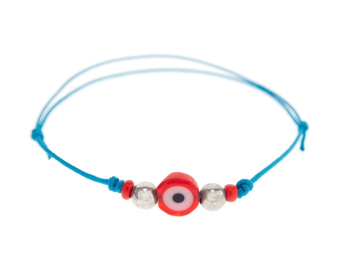 Evil Eye String Bracelet Wrap Around. Evil Eye Wrapper Light Blue Cuff with 925 Sterling Silver or Zinc beads. Amulet for Women, Men 0.8mm