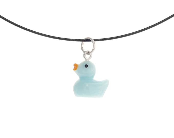 Duck Pendant Necklace. Trendy Small Rubber Duck Gift. Women's Anime Necklace with Tiny Blue Rubber Ducky Charm. Simple Unique Jewelry