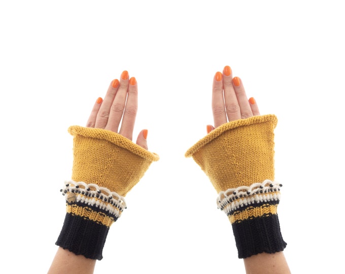 Pure Cashmere Fingerless Wrist Warmers, Hand Knitted Yellow and Black Gloves for Women, Knit Ladies Mittens