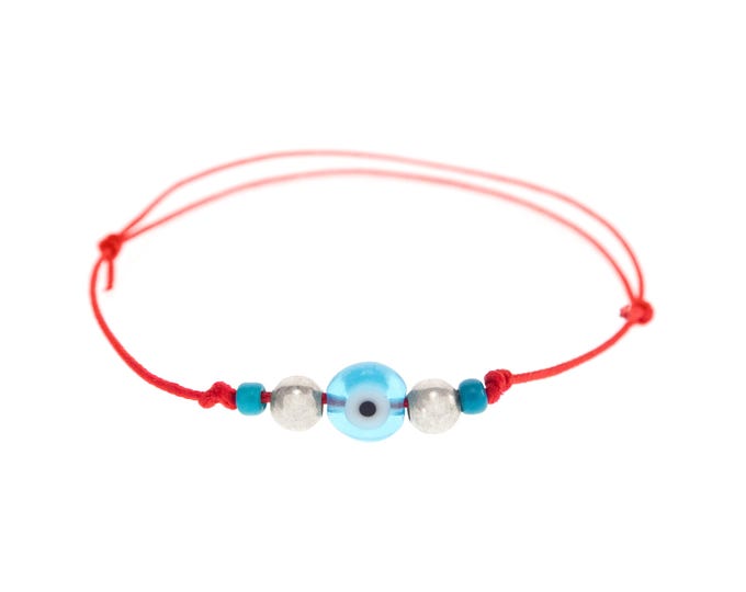 Trendy Evil Eye Bracelet Good Luck. Stylish Cool Evil Eye Modern Jewelry Handmade. Protection Evil Eye on Red String with Silver Bead. 0.8mm