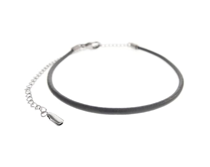 Adjustable Leather Anklet Bracelet Stainless Steel Chain. Genuine Leather Ankle Jewelry for Men, Women. Long Expandable Bracelets Large Size