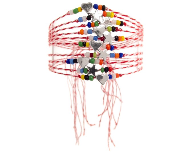 10 Friendship Bracelets Set. Martenitsa Bracelets. Pack of 10 Strings Bracelets Bulk. Baba Marta Bracelets with Heart or Star Bead 1mm TODO