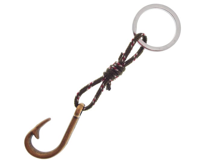 Keychain Mens Fashion, Designer Minimalist Key Chain, Brass Fisherman Gift Fish Hook String Knot Keyring