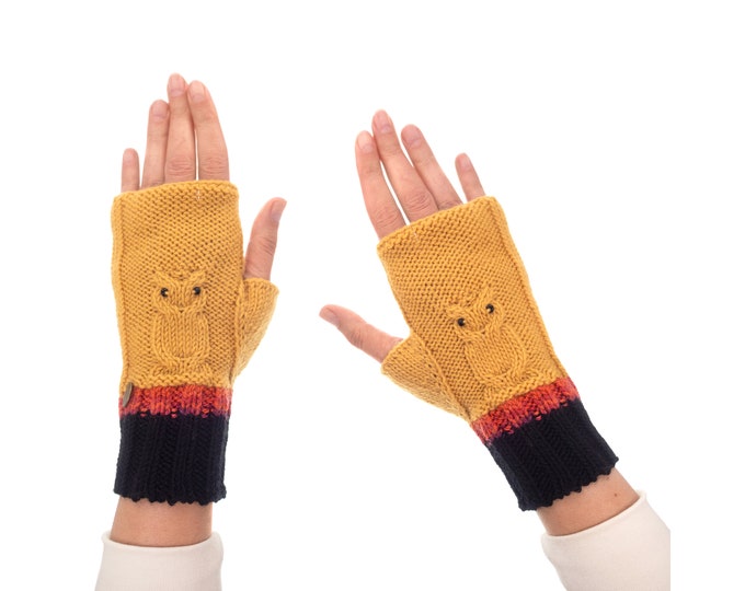 Gloves Fingerless, Ladies Cashmere Fingerless Winter Mittens, Womens Funky Owl Half Gloves, Mustard Yellow