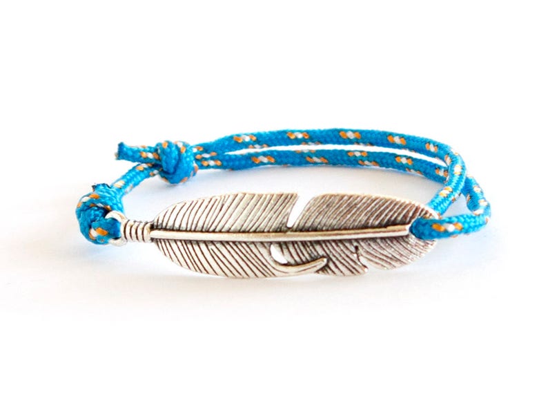 Feather Bracelet, Feather Jewellery, Feather Jewelry, Paracord Bracelet Feather Bar, Lucky Feather Bangle Bracelet. 2mm blue R, silver F