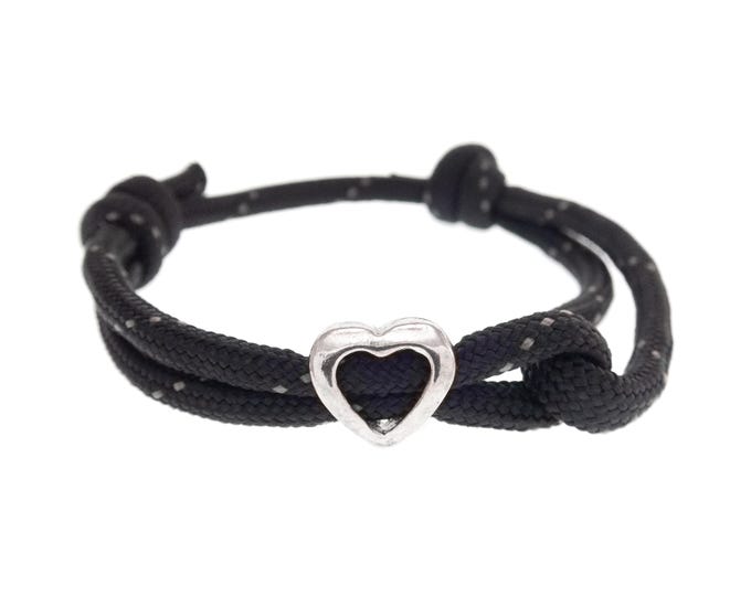 Love Heart Friendship Bracelet for Adults. Adjustable Heart Bead Bracelet. One Love One Heart Rope Bracelet Guys, Womens. Black Cord. 4 mm