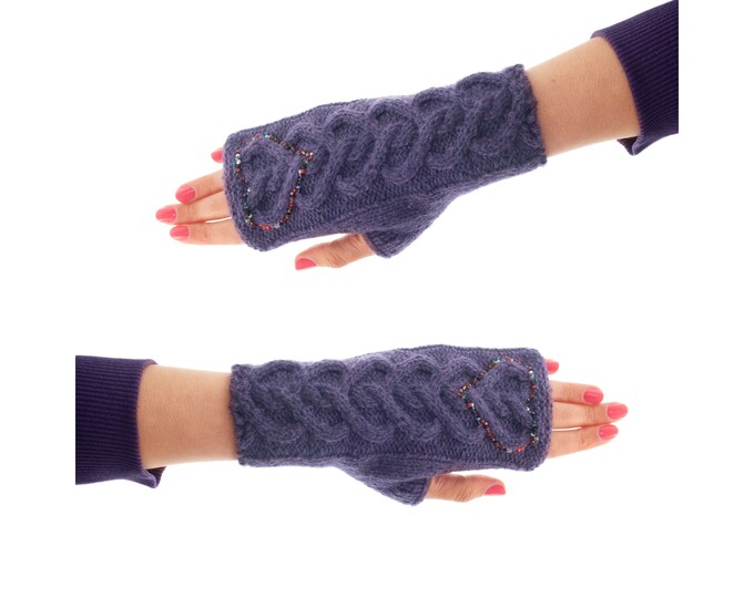 Gloves Love Design. Winter Mittens Fingerless Purple with Heart. Love U from Me