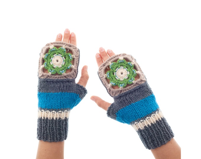 Fingerless Gloves Wool Womens, Designer Crochet Grey Blue Fine Handmade Gloves for Ladies