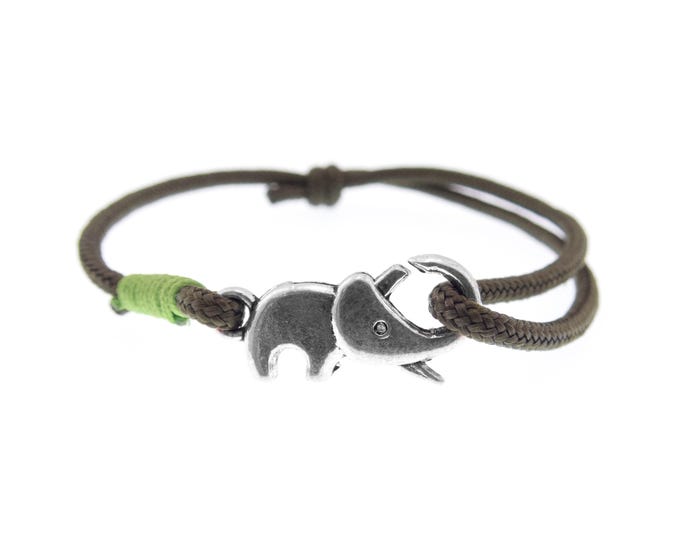 Cool Mens Rope Bracelet. Brown Braided Adjustable Climbing Elephant Charm Unisex Jewelry. 2 mm