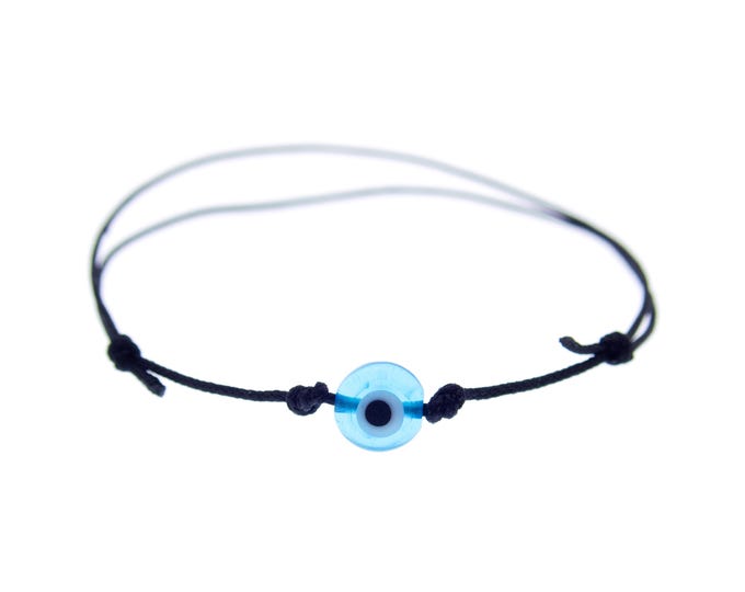 Evil Eye Bracelet Black, Evil Eye Bracelet Adjustable, Evil Eye Charm Adjustable Bracelet with Charm and Knots. Lucky Mens Thin Wrap. 0.8 mm