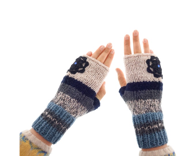 Crochet Mittens Fingerless Gloves with Flowers, Ladies Wool Striped Wrist Warmers