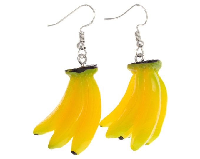 Banana Fruit Earrings Yellow. Cute Novelty Dangle Earrings. Funky Banana Shaped Jewelry. Fun Drop Earrings, Vegan Gift for Girls, Ladies