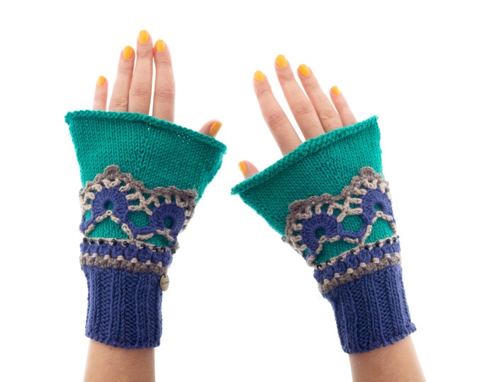 Fingerless Gloves Lace Womens, Blue Lacy Half Finger Cashmere Mittens, Ladies Gloves Winter