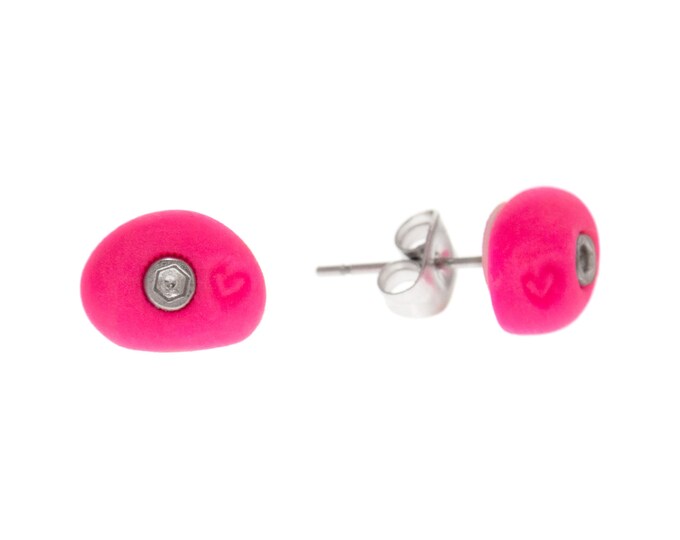 Neon Pink Studs Rock Climbing Holds Earrings with Mini Hearts. Climber Gift. Vertical Wall Hold Jugs. Climb Gym Volumes. Bouldering Grips