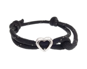 Love Heart Friendship Bracelet for Adults. Adjustable Heart Bead Bracelet. One Love One Heart Rope Bracelet Guys, Womens. Black Cord. 4mm