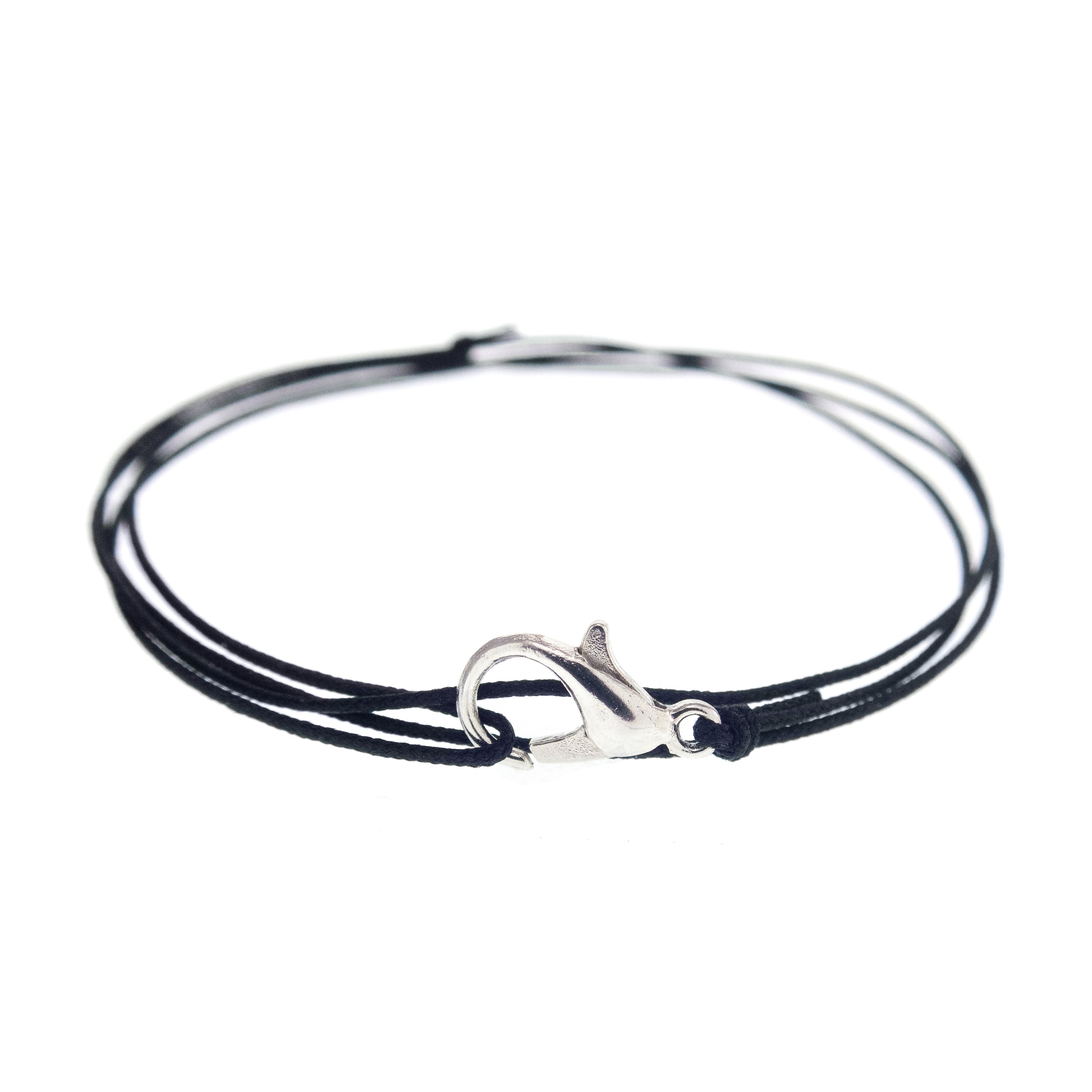 Black Adjustable Bracelet Cord. Women's or Men's Waterproof Rope Bracelet.  Black Thin String Silver Color Clasp. Teen Thread Anklet 0.8mm