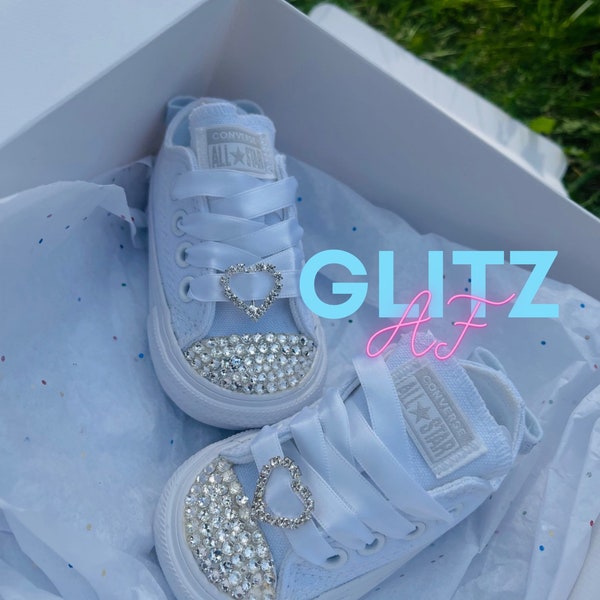 Bling Converse Baby Girl Infant Toddler Swarovski Crystal Sneakers White Pink Bow Flower Girl First Birthday Authentic Rhinestone Batism