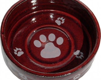 Small Dog Bowl in Real Red glaze and Multiple White Paws