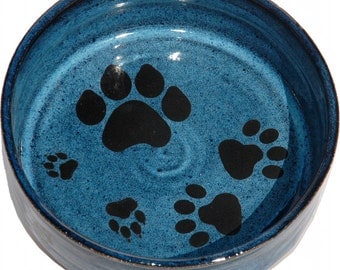 Large Dog Bowl in Real Blue glaze and Multiple Black Paws