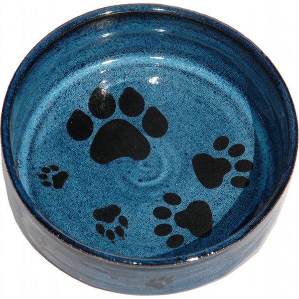 Large Dog Bowl in Real Blue glaze and Multiple Black Paws