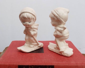 Vintage Mid Century White Hand Painted Porcelain Pair of Two Snow Skiing Children Figurines- FREE SHIPPING