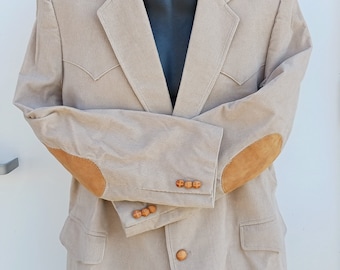 Western 1970s Vintage Brad Whitney Cream Beige Corduroy Two Button Sport Coat with Suede Elbow Patches and Faux Leather Buttons- Size XL 48
