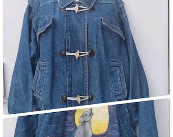 1980's Guitano Sundance Custom Painted Southwest Howling Wolf Toggle Button Oversized Jean Jacket- Womens M- FREE SHIPPING