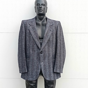 1980&#39;s 90&#39;s Flecked Wool Herringbone Tweed Wide Lapel Vintage Men&#39;s Blazer Two Button Sports Coat Jacket- 40