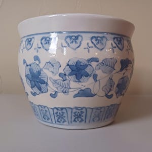 Vintage Blue and White Fish Bowl Planter- Chinese jardiniere- FREE SHIPPING